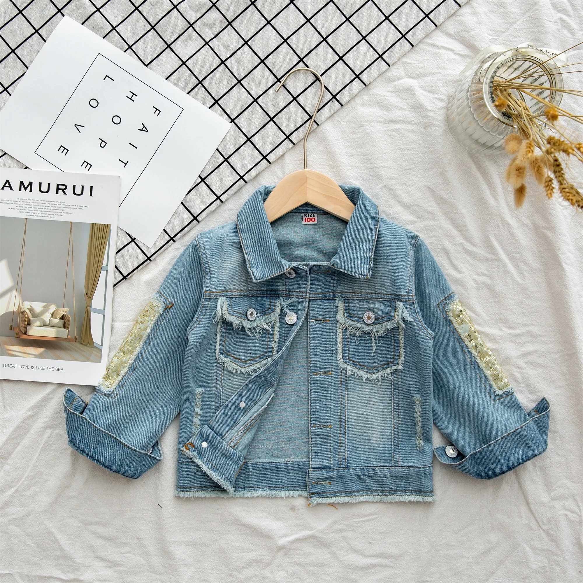 Little Girls Jeans Denim Jacket Bomber Baby Long Sleeve Sequined Jacket Kids Turndown Collar