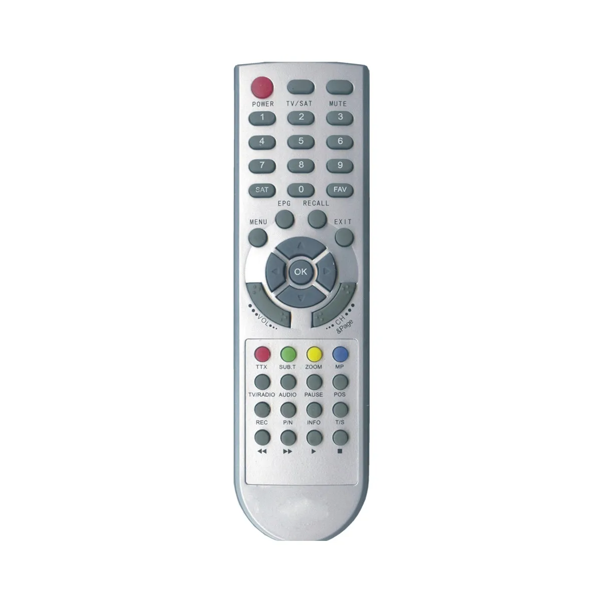 Close-up of universal remote showing EPG, INFO, and TELETEXT dedicated buttons