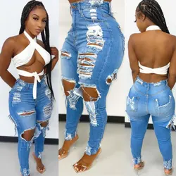Ready to ship fashion plus size pencil pants hole frayed skinny stretchy jeans for women