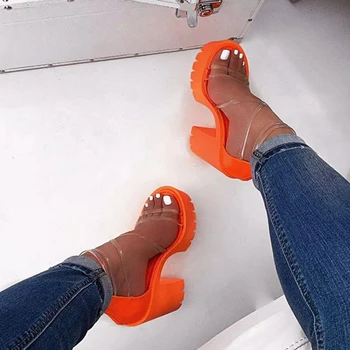 orange low block heel sandals