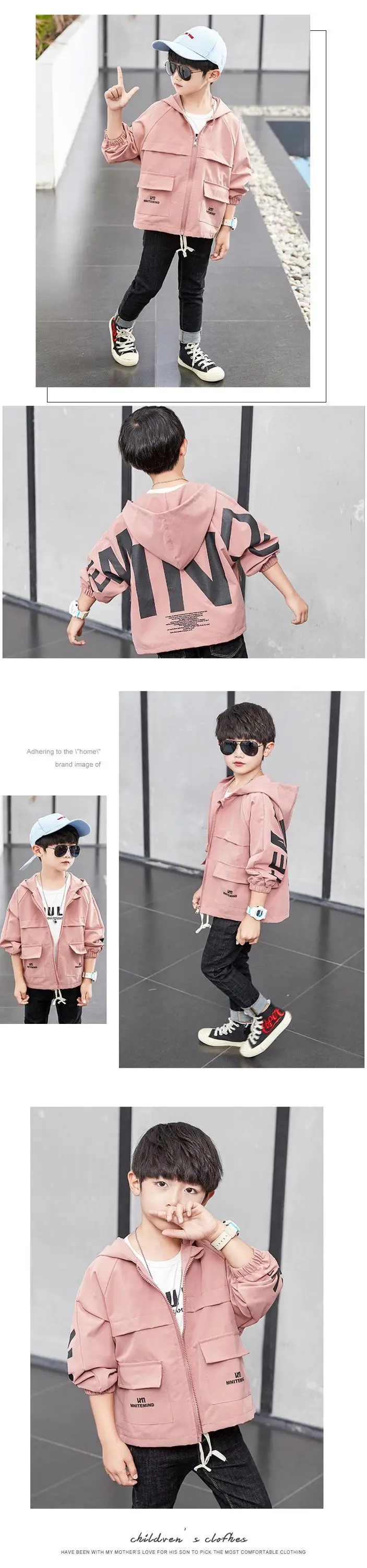 High quality boutique fashion design boys jacket 100%polyester printed hooded pink kids windbreaker jacket