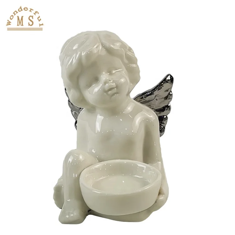 porcelain Shiny Xmas Angel figurine candle holder for home decoration White lovely pray cupid sculpture gift memorial statue