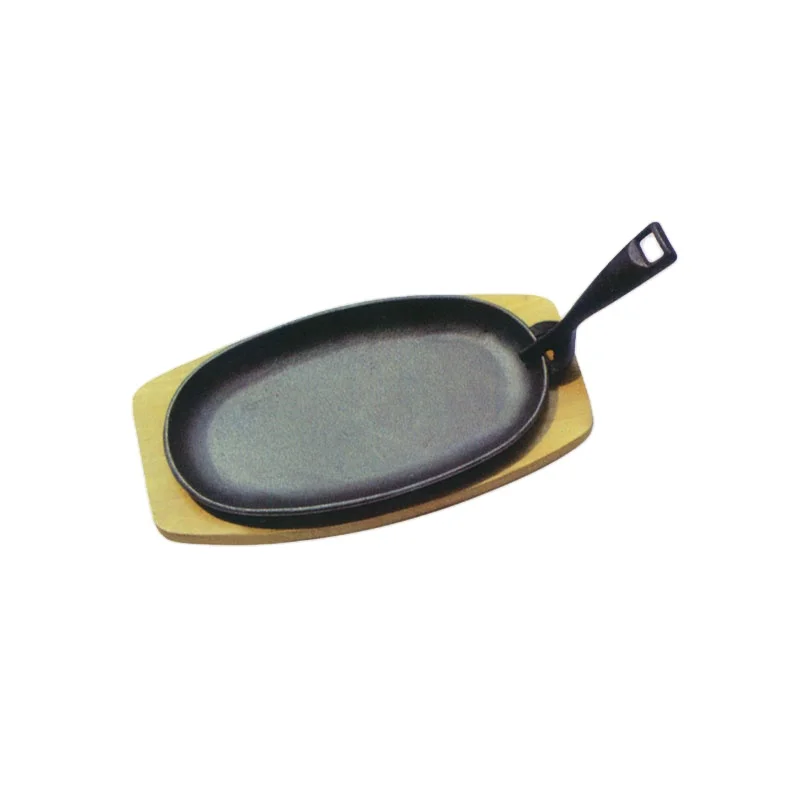 Wholesale Cast Iron Cookware Fajita Skillet Sizzler Plate Oval Sizzling Plate With Wooden Base
