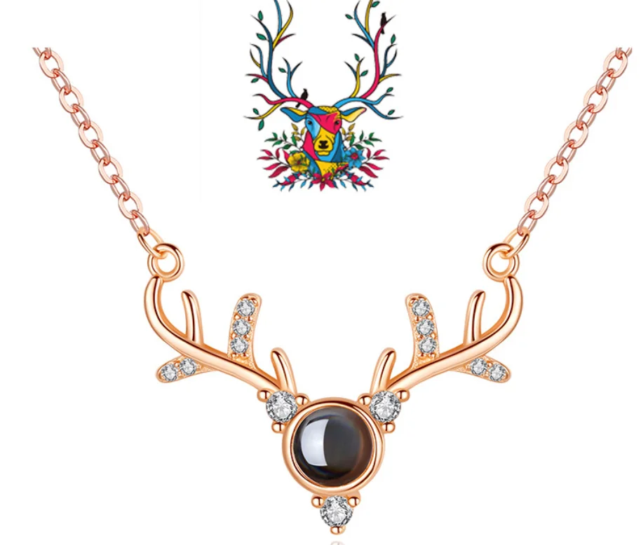 鹿头圣诞礼物吊坠项链玫瑰金/白金女性项链