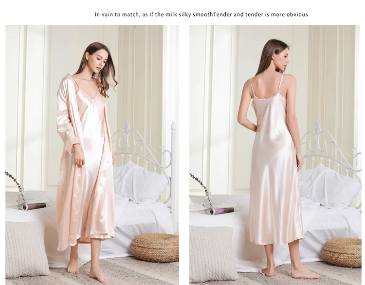 Satin Nightdress Pyjama Set Women's Sleepwear Robe Gown Sexy Lace Sleep Pijama Long Sleeve Ladies Silk Nightwear