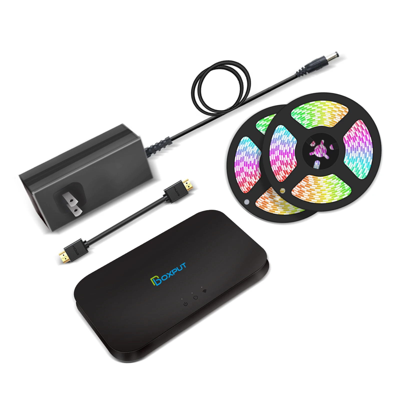 HDMI sync box connected between gaming console and TV with labeled ports