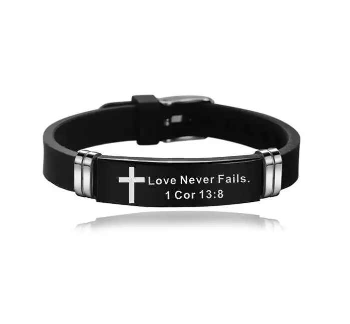 New Design Bible Verse Bracelets Men Silicone Bracelet Bible Prayer Quotes Christian Prayer Cross Engraved Statement Bracelet