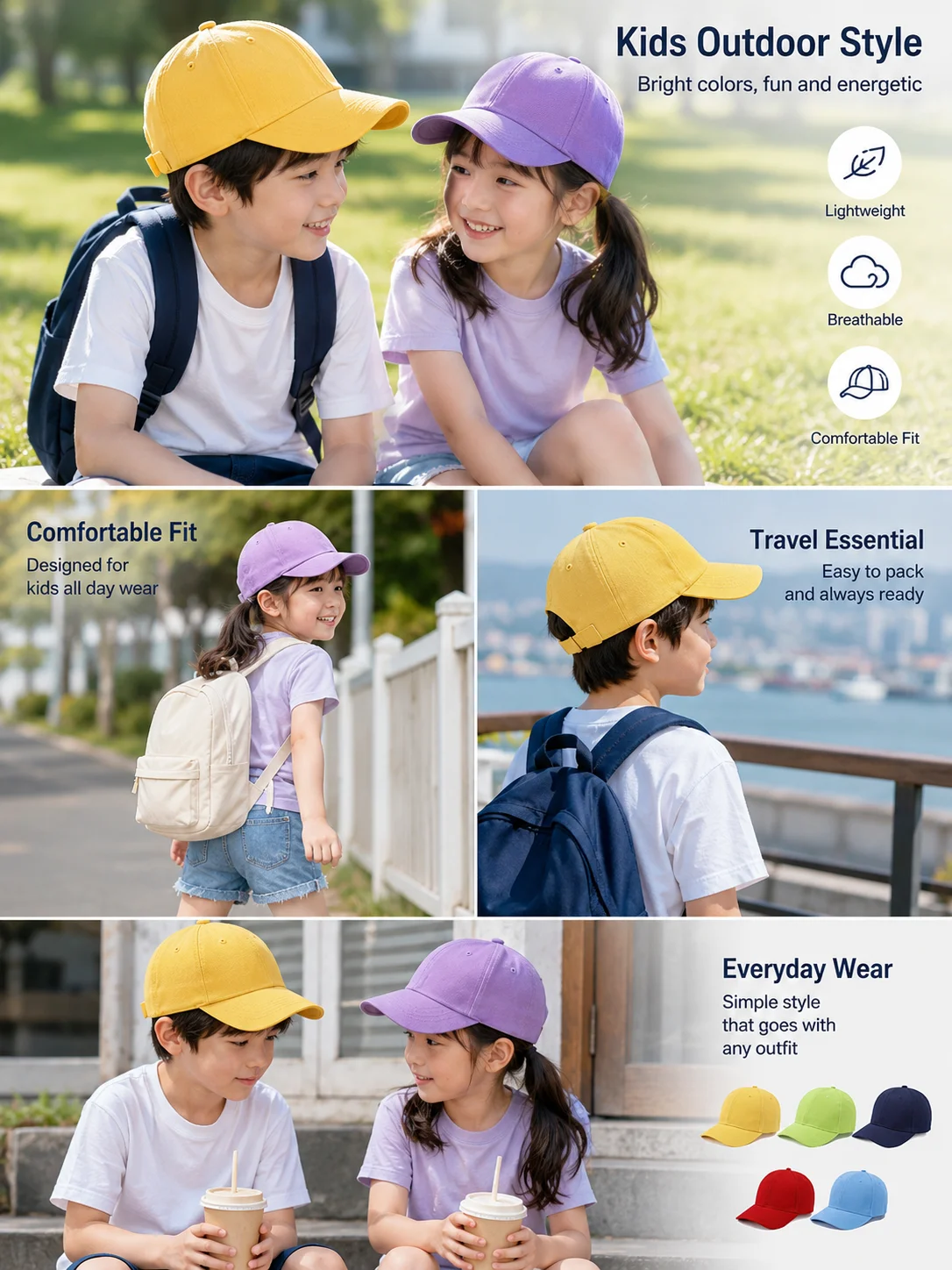 Kids Baseball Hat Embroidered Logo Sun Protection Breathable Adjustable Lightweight OEM