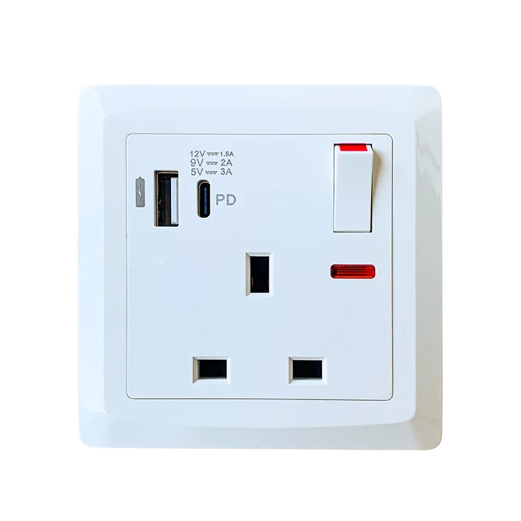 VNX Factory Wholesale 13A Wall Switch and Socket 3 Pin British Standard Socket and Switch Wall Switch with USB Type-C Outlet