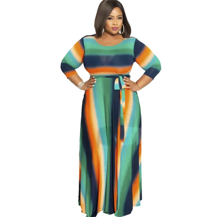 K2223 2021 Autumn Long Sleeve Round Neck Tie Dye Striped Print Pocket Belt Women Large Size Dress