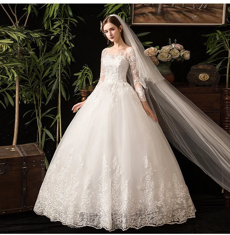 factory wholesale floor-length full sleeve lace bride wedding dress latest design elegant bridal dress