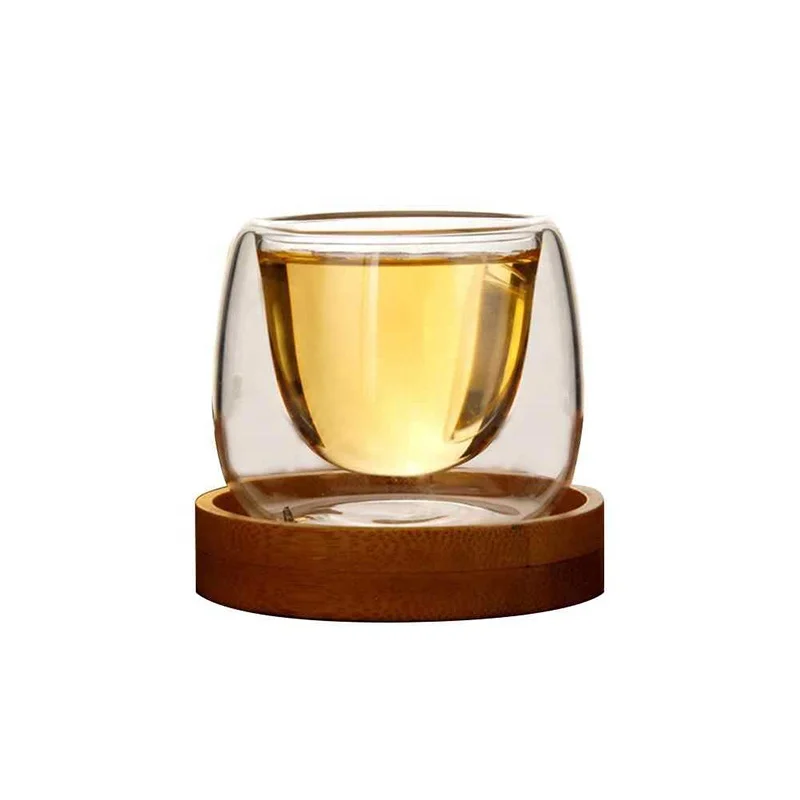 
Thermal Double Wall Wine Glass Cup High Borosilicate Glass Coffee Cup With Bamboo Holder 