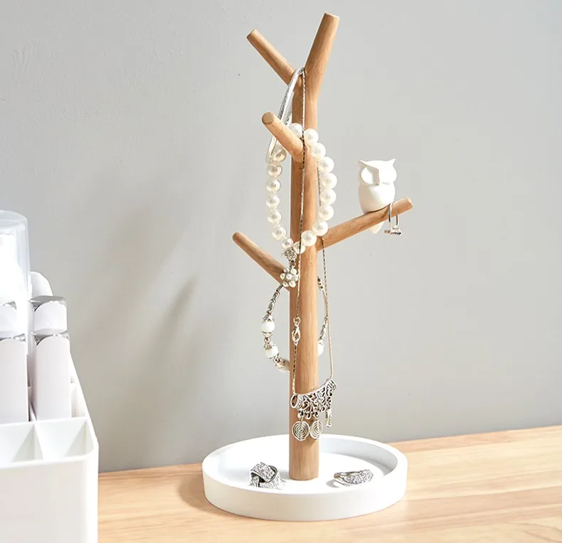 Jewelry Tree Stand Organizer Natural Beech Wood And White Color With