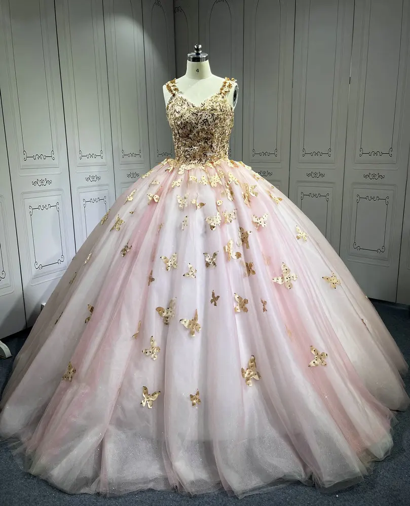 Wholesale Pink With Rose Gold Butterfly Quinceanera Dresses Ball Gown Vestidos de 15 Aos de Quinceaera Deademas de Quinceaeras,1 Piece