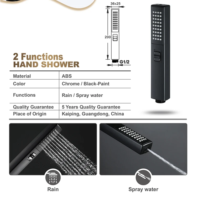 HIDEEP Bathroom Shower Accessories Black Square ABS Hand Shower Rain Heldhand Shower Head