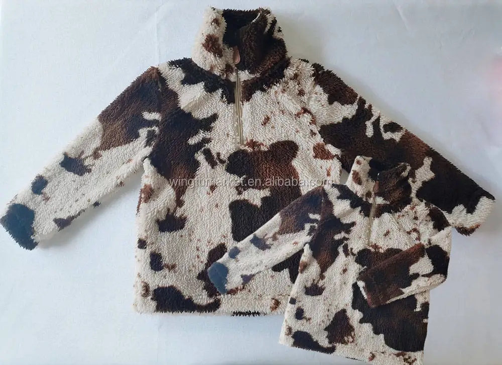 Winter Faux Fur Hoodie Half Zip Brown Cow Print Fluffy