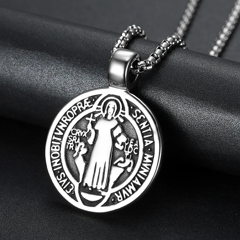 Men's St Benedict Exorcism Pendant Necklace Stainless Steel Catholic