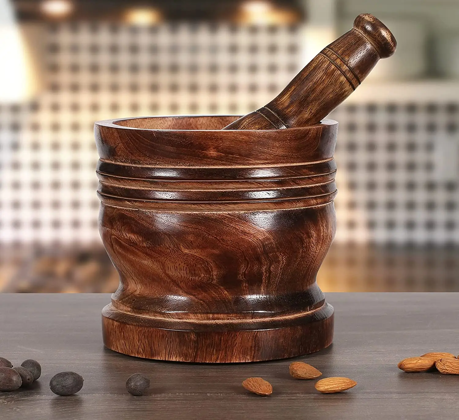 Mortar And Pestle Wooden Spice Grinder Manual Garlic Masher Pepper