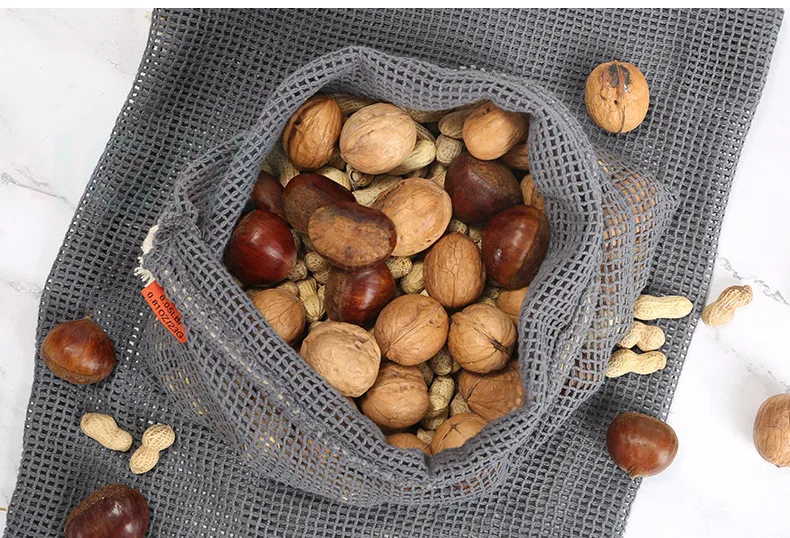 Gray color recycle fruit and vegetable bag reusable organic cotton mesh bags for fruits and vegetables 