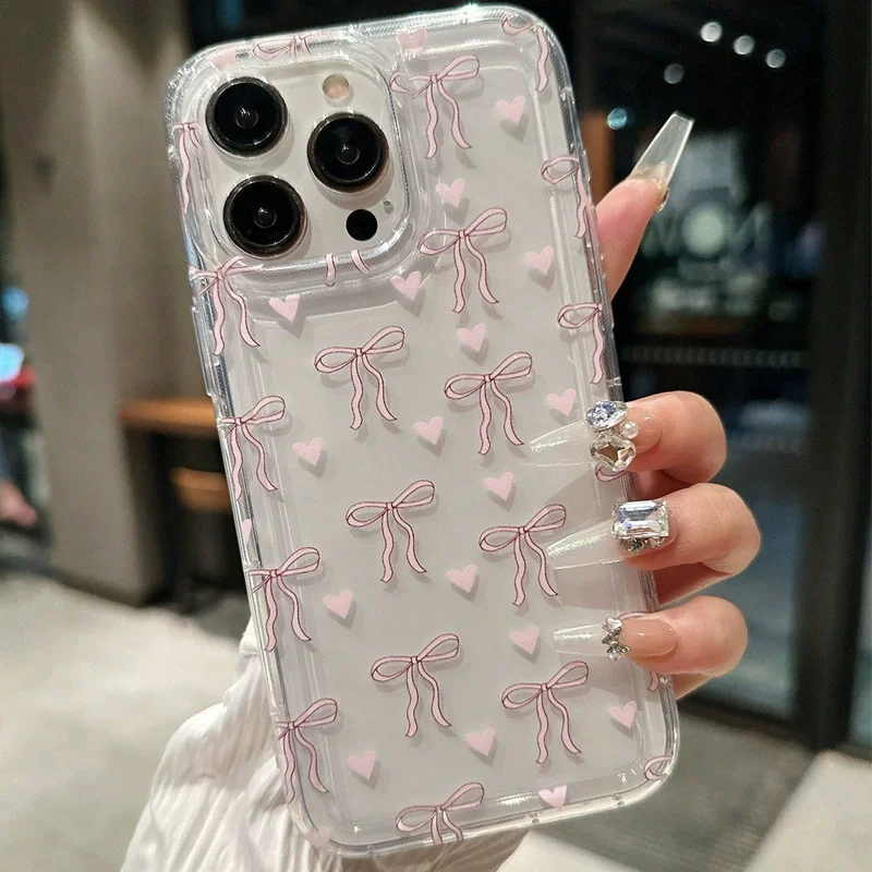 Cute Pink Heart Bow Case for IPhone 17 16 15 14 13 12 11 Pro Max 13 12Mini  XS XR 7Plus SE 2022 Shockproof Soft Clear Cases Coque