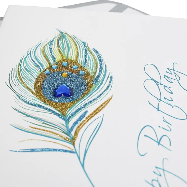 Beautiful Peacock Feather Birthday Glitter Cards