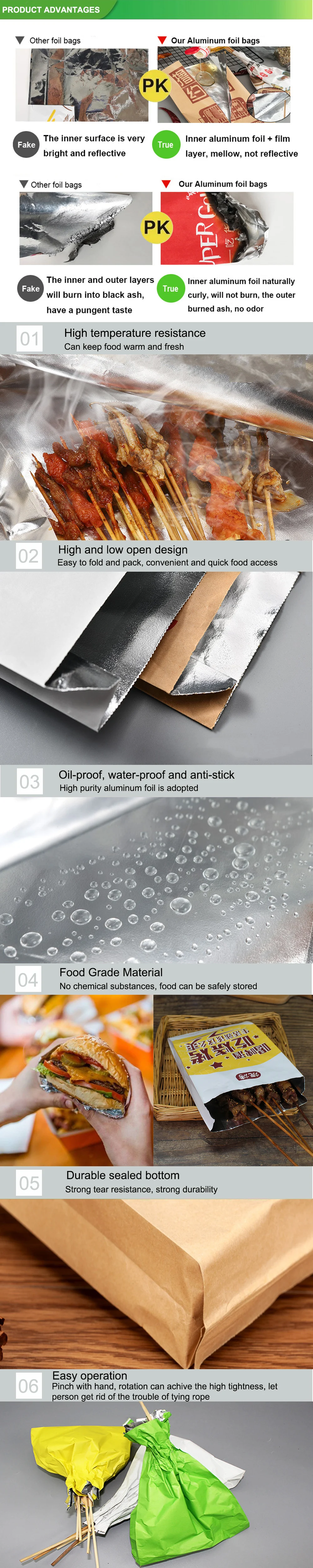 Parte inferior Kraft Bolsa de papel Papel de aluminio Hot Dog Bolsas de alimentos impresos