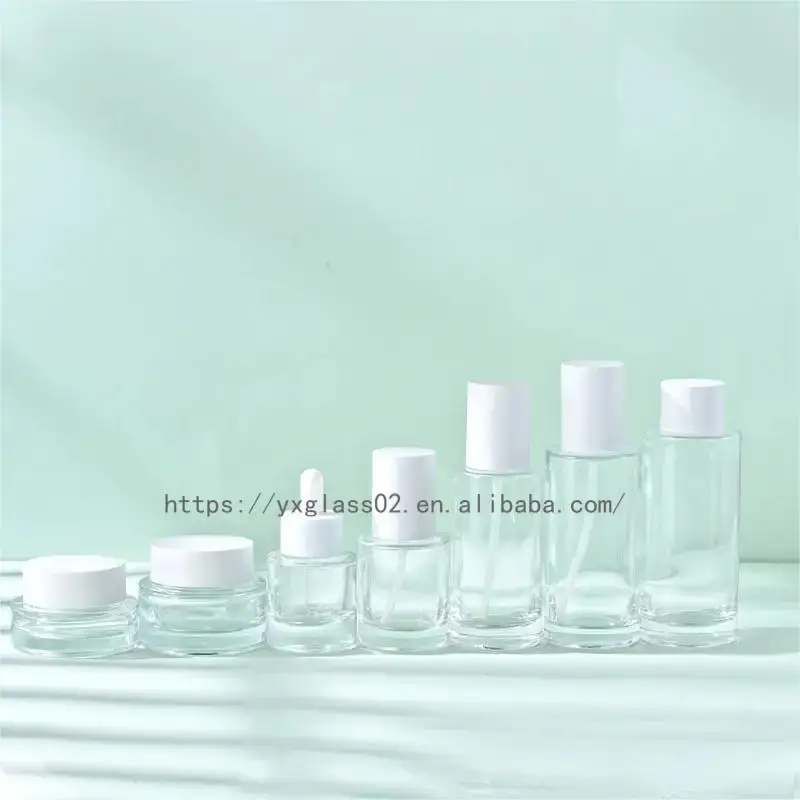 Custom round flat shoulder dropper /pump/cream glass bottles cosmetic set  custom color 50ml100ml120ml150ml30g50g manufacture