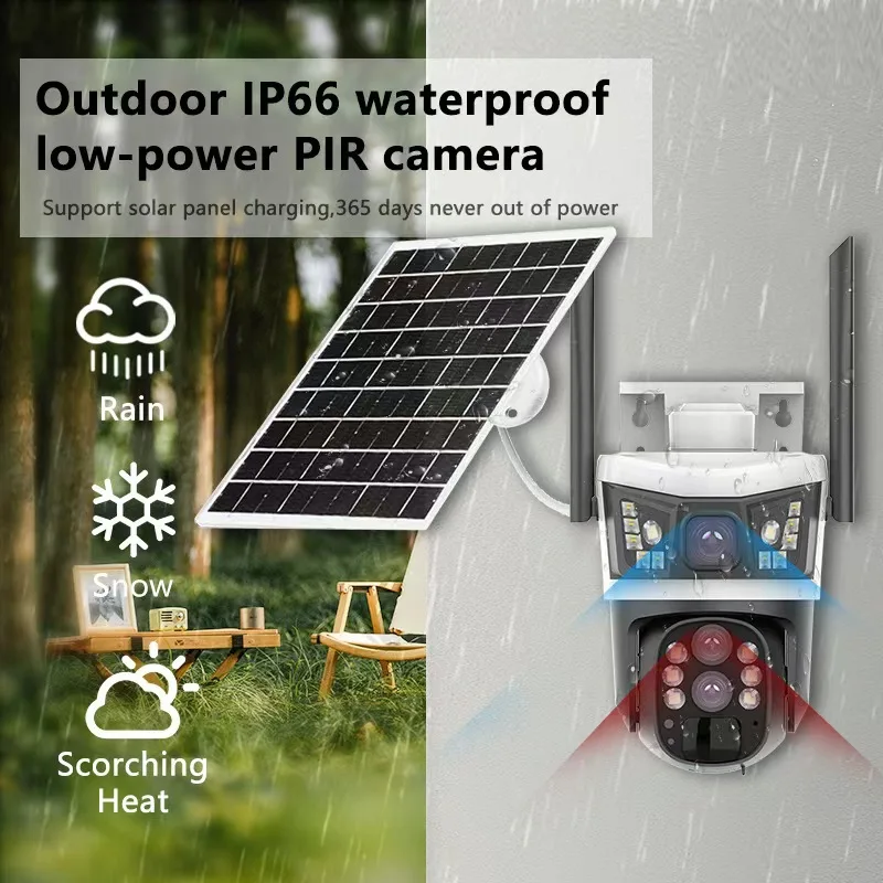 V380Pro Outdoor Solar Less Energy Cost 4MP HD Camera 3Lenses 10X Zoom 360 Night Vision Smart Detection Multi-function Cameras
