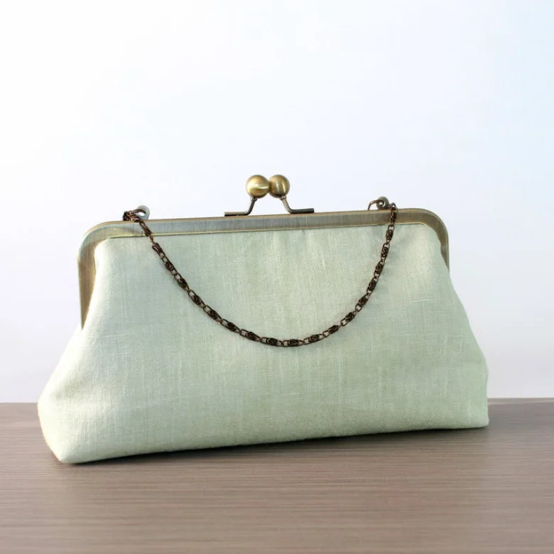 Ivory Linen Kiss Lock Purse With Pearl Fringe Elegant Frame 