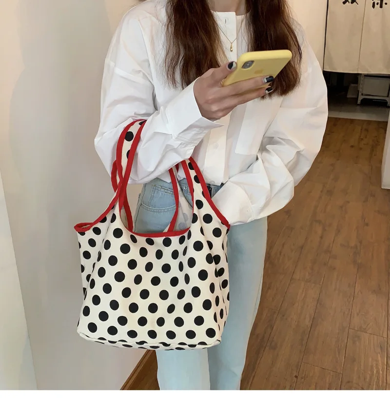 2024 Japanese Style Canvas Shopping Bag Fashionable Dot Casual Shoulder Handbag Outdoor Canvas Shopping Bag