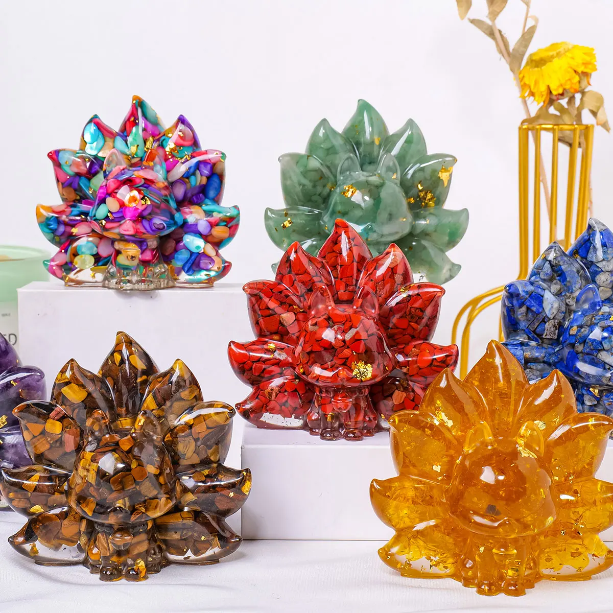 Wholesale Nine-Tailed Fox Resin Crafts with Natural Crystals