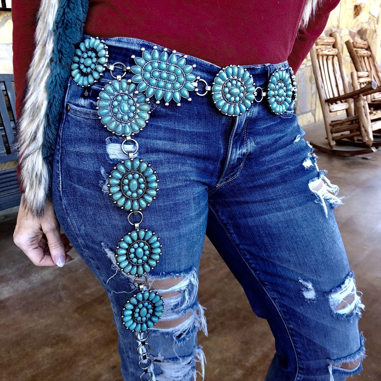 Vintage Jean Denim Beaded 2024 Western Boho Turquoise Stone Top Large 12 Petite