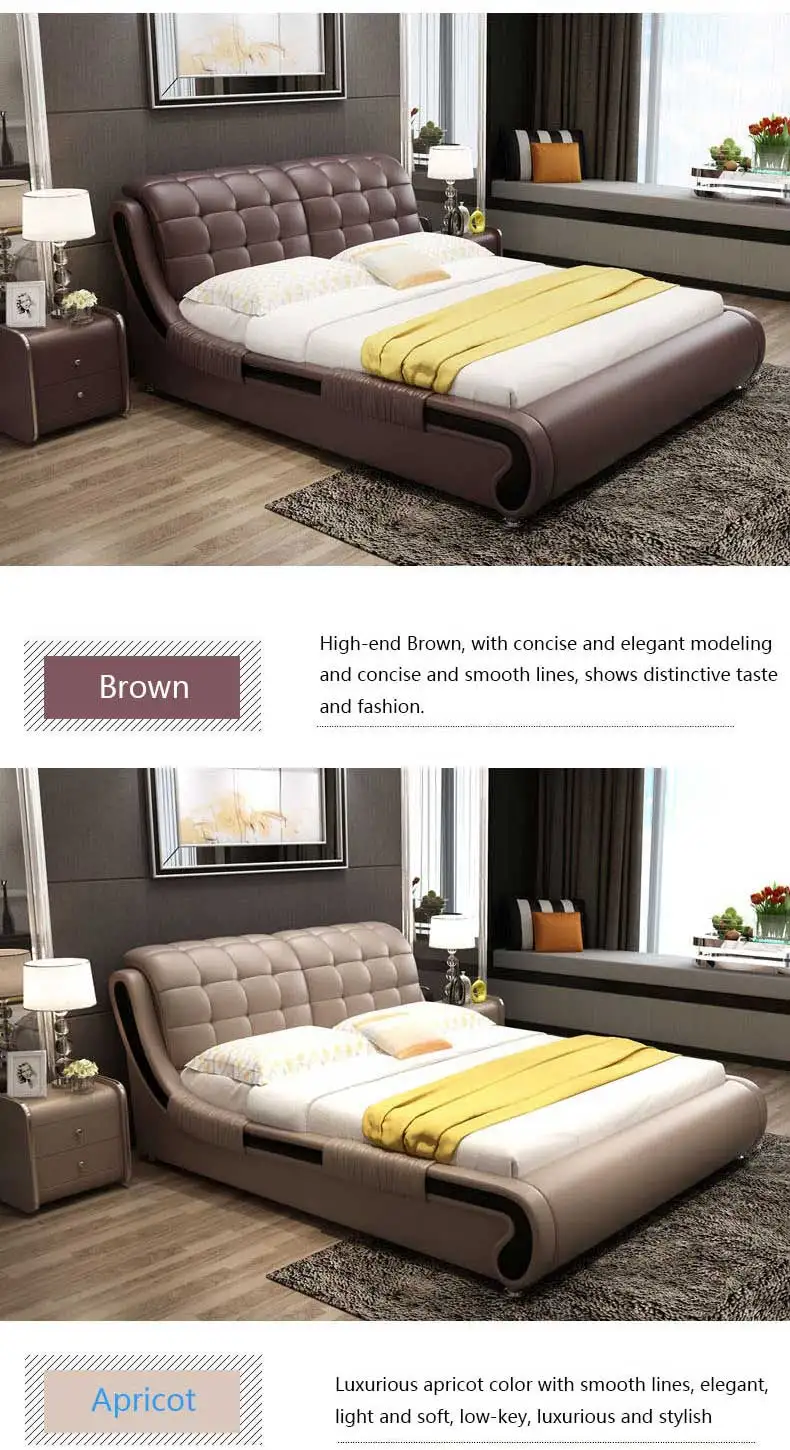 King Size Bed With Genuine Leather Modern Style Double Soft Leather Bed