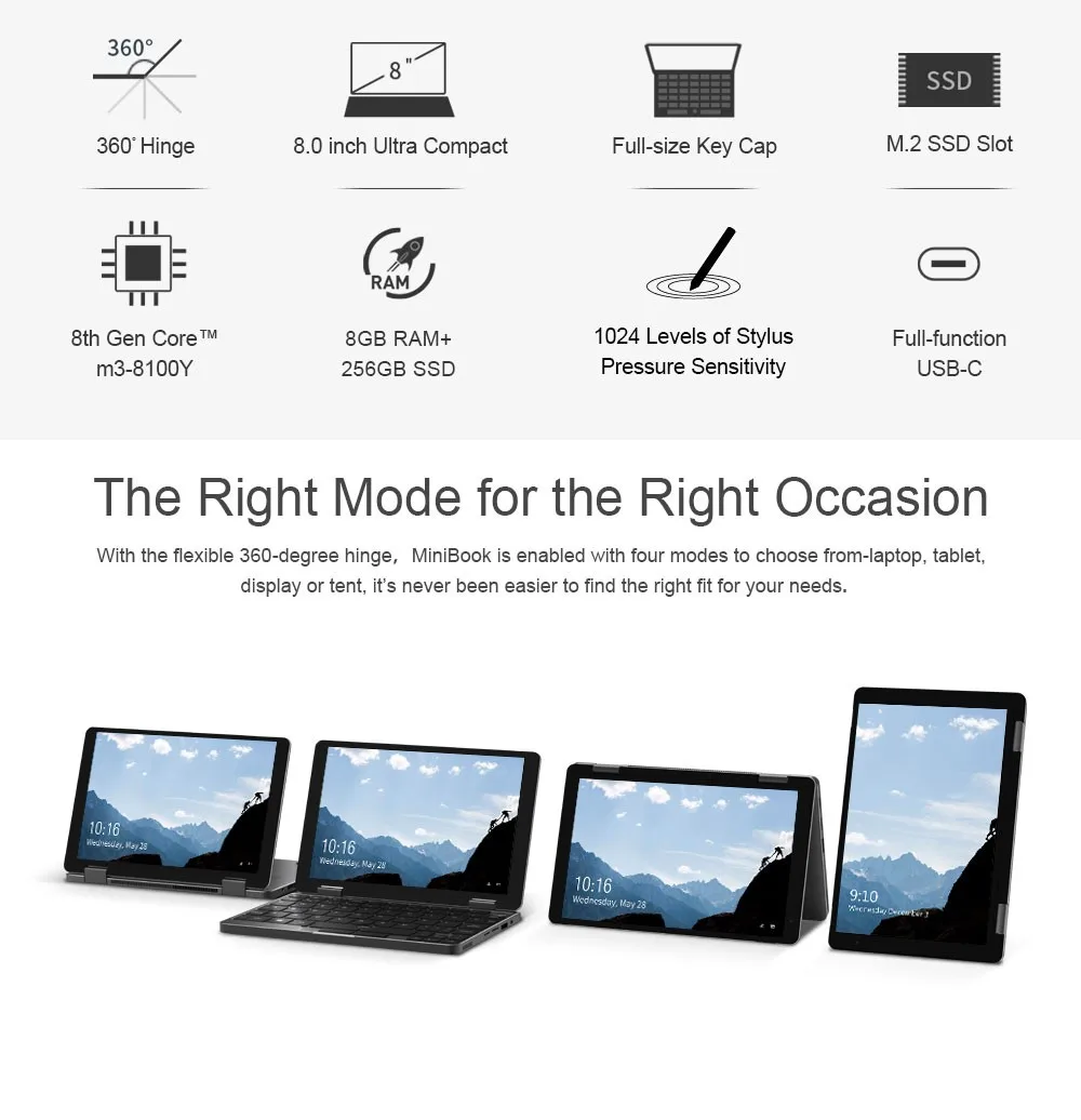 Chuwi Minibook 8 Inch 0,663 Kg Intel Core M3-8100y Eu / Us / Uk