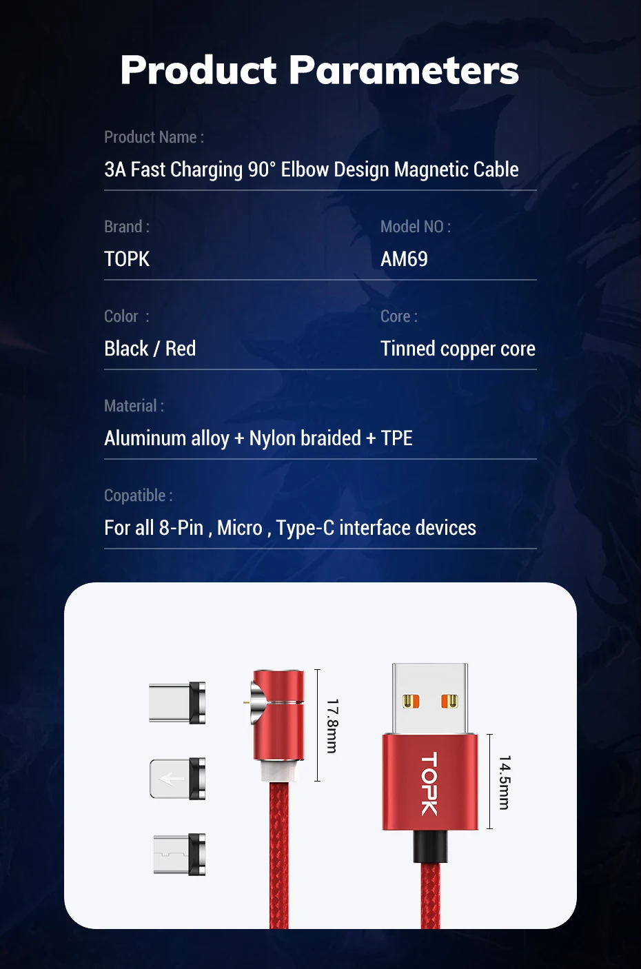 TOPK 5 A 3In 1 Usb Charging Cable 540 Degree Rotate Flexible Magnetic Usb Phone Cable - ANKUX.COM