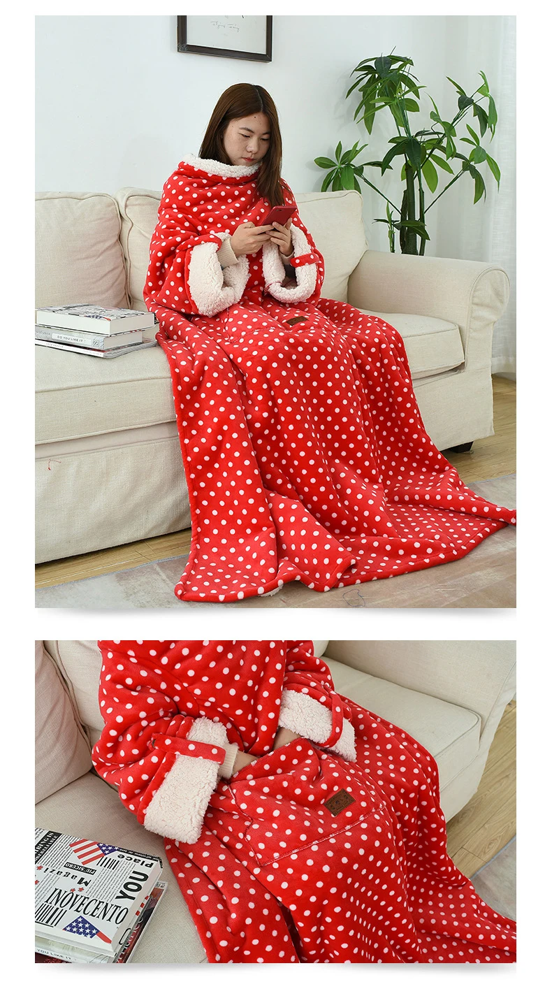 Wholesale cheap plush blanket double-layer thickened printed coral fleece with sleeve wearable TV blanket lazy warm blanket
