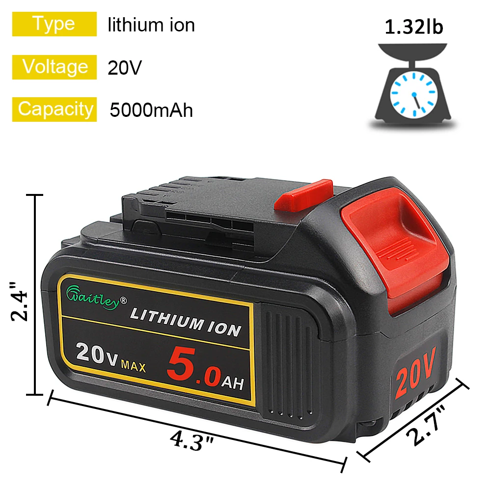 Waitley DCB205 20V 5.0Ah Replacement Battery Compatible with DEWALT DCB200 DCB203 DCB204 DCD780 DCD785 DCD795 DCF885 DCF895 DCS380 DCS391 Lithium Ion Battery 20 Volt MAX XR Tools 