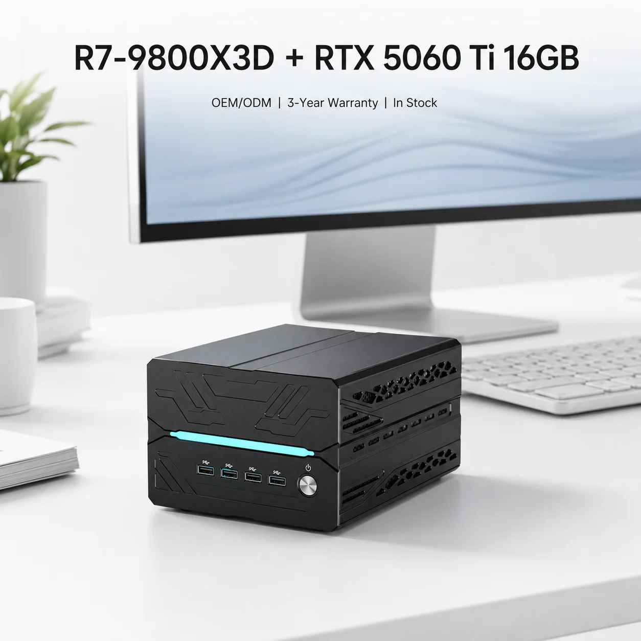 Compact gaming PC with transparent side panel showing dual 240mm radiators and RGB-lit fans
