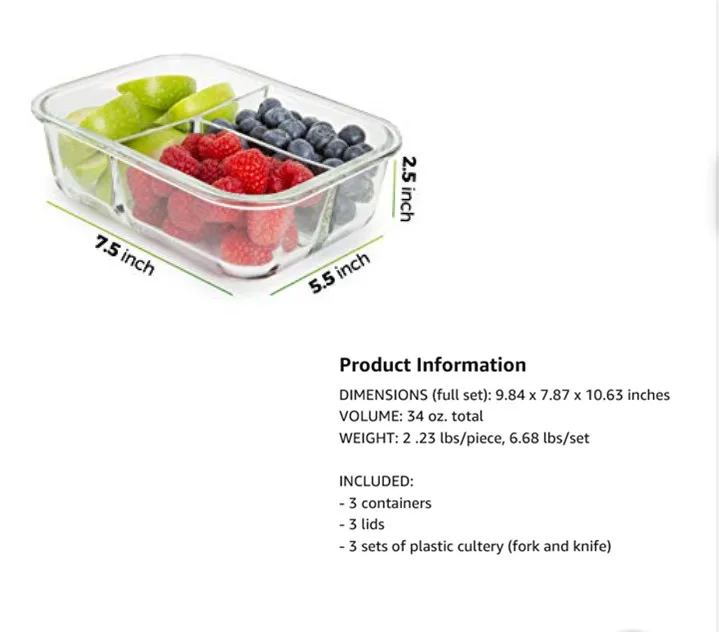 Glass Containers 3 Compartment With Cutlery Lid Bento Box Glass