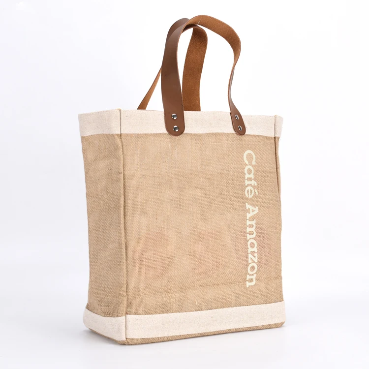personalised jute bag with leather handles