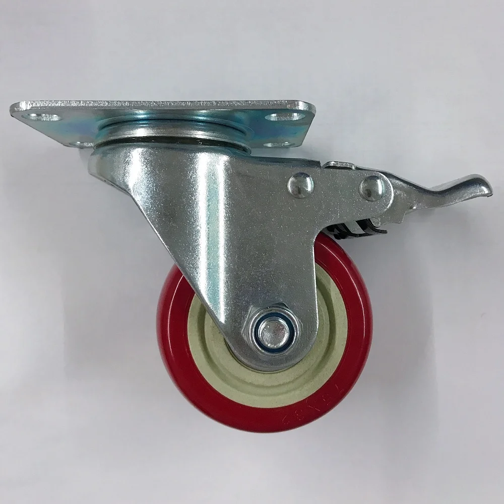 Industrial Red PVC Casters With Double Brake 100mm Castors Wheel With Single Ball Bearing With Top Plate
