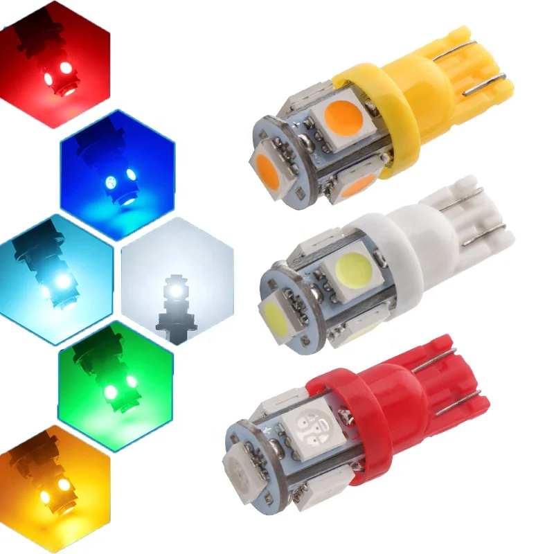 T10 W5W LED Bulb 5 SMD LED White Blue Red Yellow Green 194 168 Super Bright Wedge Lights Bulbs Lamps 12V 5050 SMD