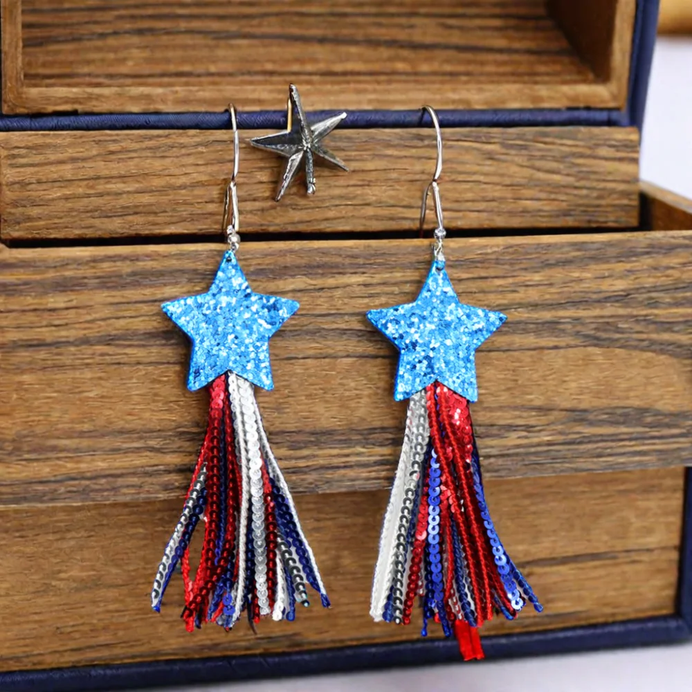 MD150ER2335 New Cross-Border Handmade Women's Earrings Colorful Tassel Sequins Five-Pointed Star Independence Day manufacture