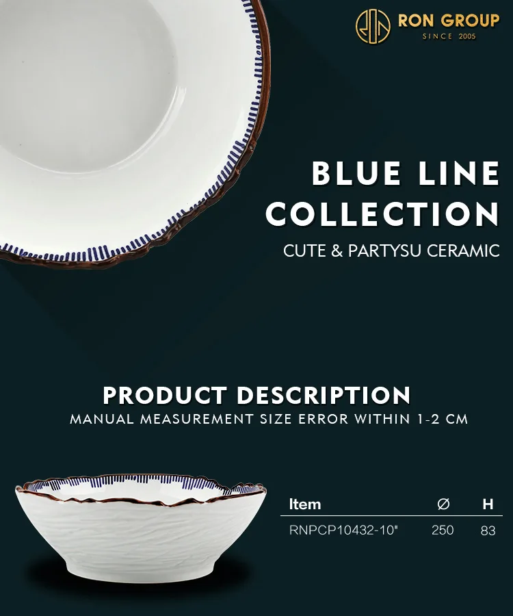 wholesale customized ramen bowl chinese style restaurant big salad bowl 10 inch white blue dinnerware ceramic bowl