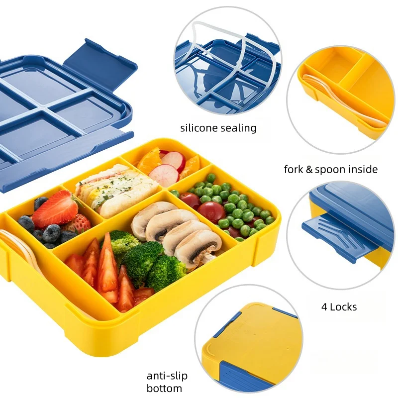 Quality BPA-Free Plastic Kids Bento Box Microwaveable Leak-Proof Lunch Box with 6 Compartments for School Office factory