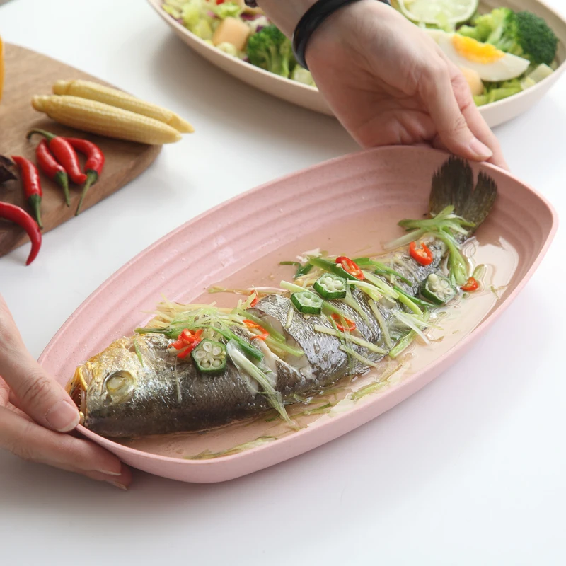 Pigmented Sustainable Wheat Fiber Straw Dishes Oval Plates Set Eco