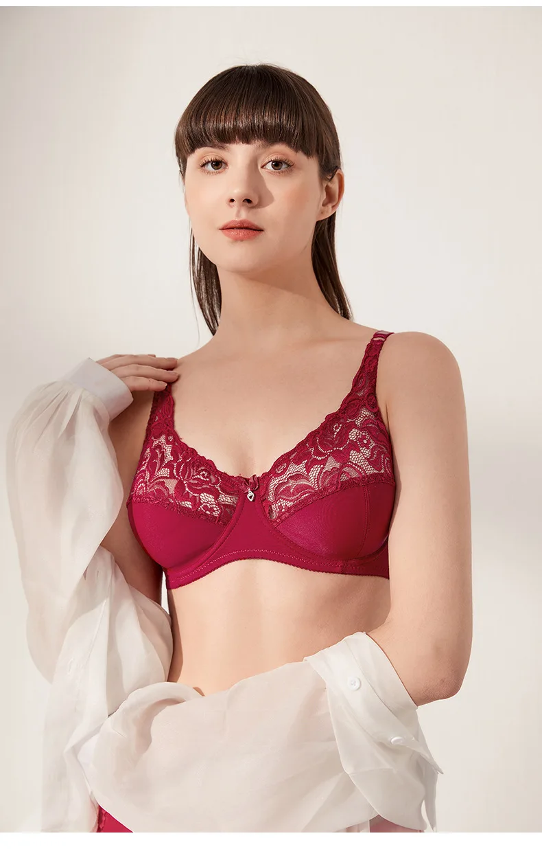 Ultra-Thin Large Size Steel Ring Bra Sexy Lace Lingerie with Adjustable Gathered Cups Breathable Feature for Foreign Trade