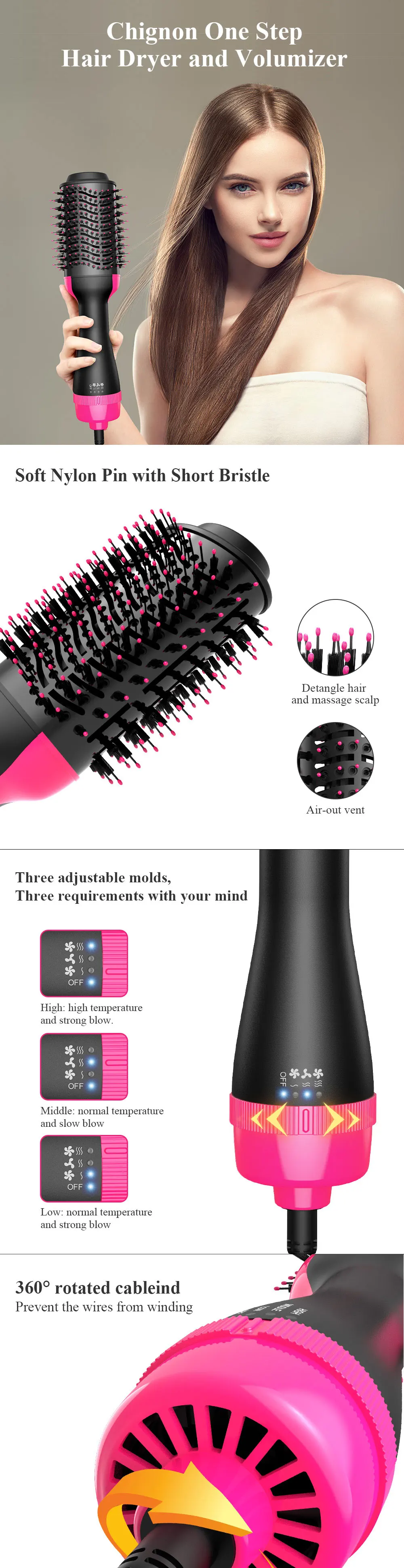 1000W Hair Dryer Professional One Step Electric Ion Blow Hair Dryer Brush