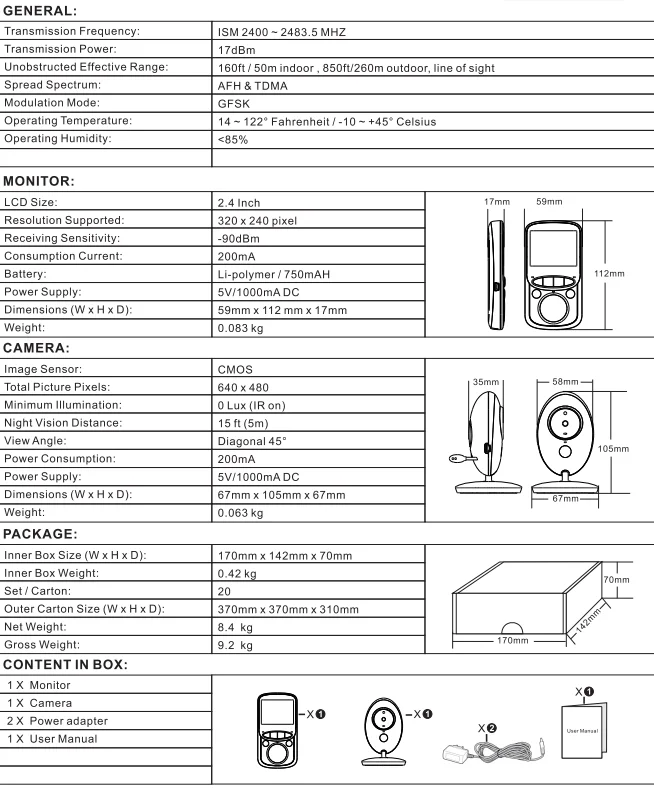 portable monitoring high contrast 2.4" color lcd two way talk back video wireless baby camera monitor