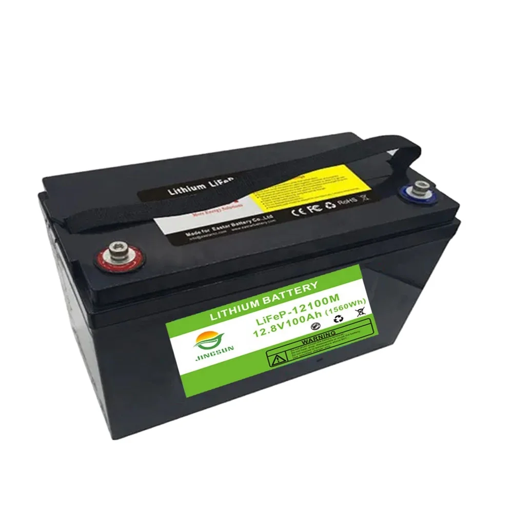 12V LiFePO4 battery with visible BMS board and terminal labels